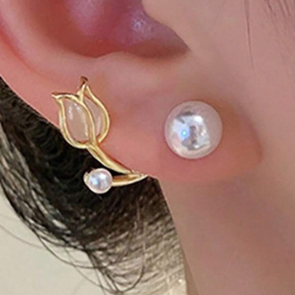 Luxe Gold Tone Tulip Faux Pearl Huggie Earrings - Picture 2 of 4